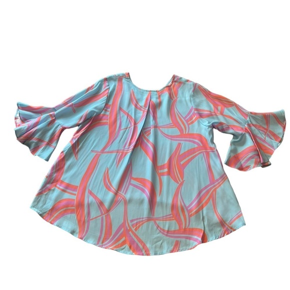 La Roque Park 100% silk blue, coral, and pink top with statement sleeves - Picture 4 of 12